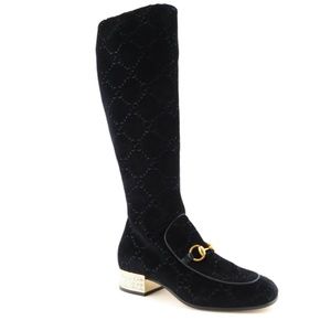 Gucci Black Horsebit Women's Gg Velvet Tall Crystal Heel Boots